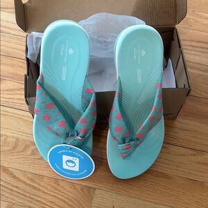 Clarks Teal Knot Toe-Post Sandals with Pink Flamingo Print